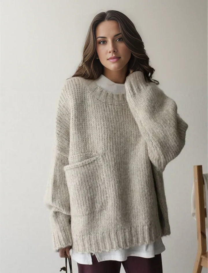 Sweter damski oversize z grubej dzianiny wełnianej z okrągłym dekoltem ciepły na jesień