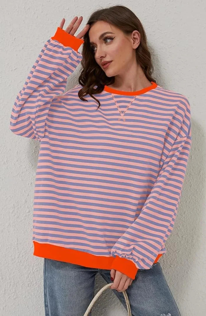 Sweter damski w paski z lekkiej dzianiny o luźnym kroju na jesień casualowy