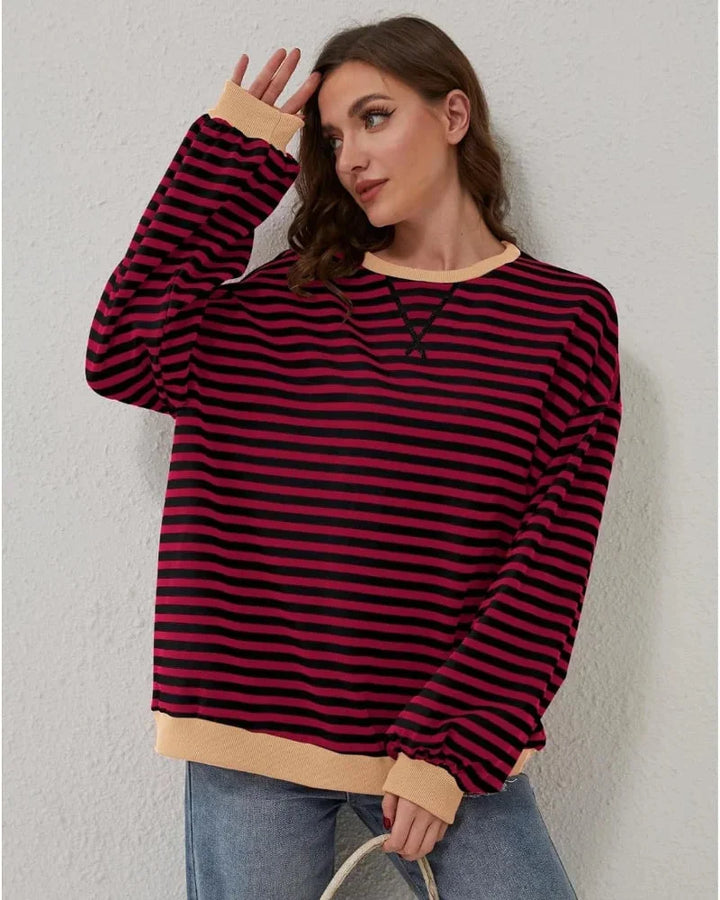 Sweter damski oversize w paski z dzianiny casualowy luźny krój na jesień