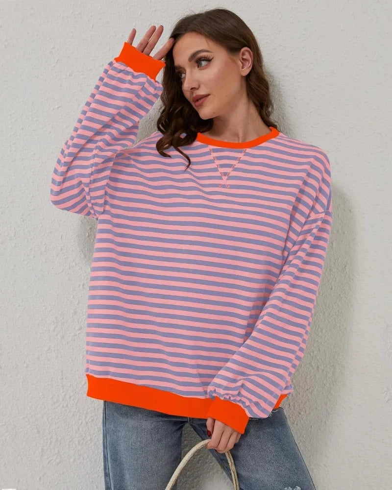 Sweter damski oversize w paski z dzianiny casualowy luźny krój na jesień