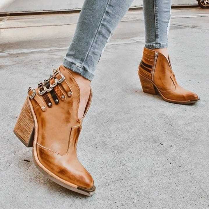 Botki damskie skórzane na słupku eleganckie kowbojki wiosenne casual do codziennego noszenia