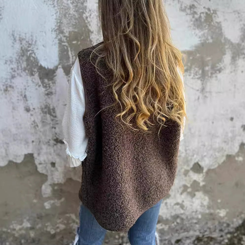 Kamizelka damska fleece bezrękawnik oversize casualowy na jesień i zimę ciepły