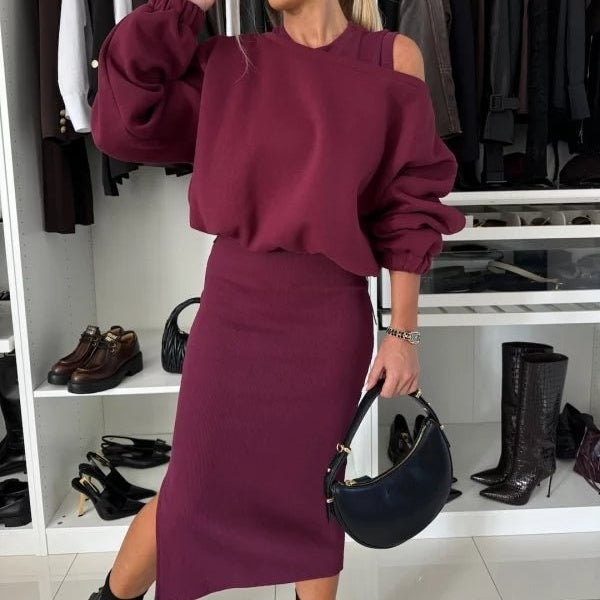 Komplet damski dzianinowy bawełniany bluza i spódnica midi casual na jesień