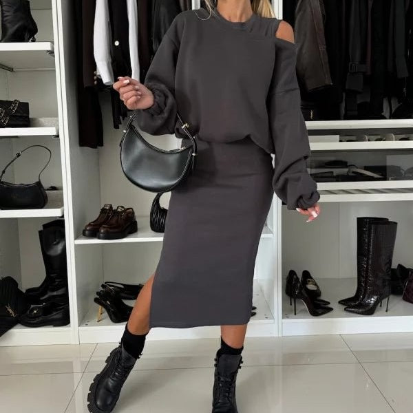 Komplet damski dzianinowy bawełniany bluza i spódnica midi casual na jesień