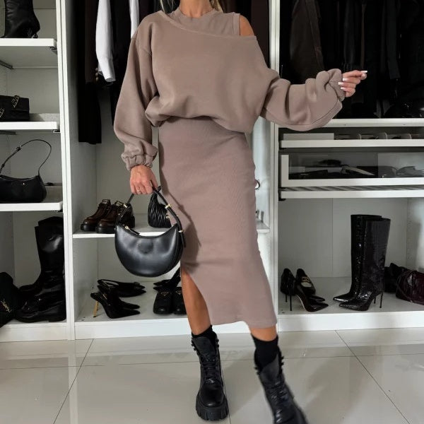 Komplet damski dzianinowy bawełniany bluza i spódnica midi casual na jesień