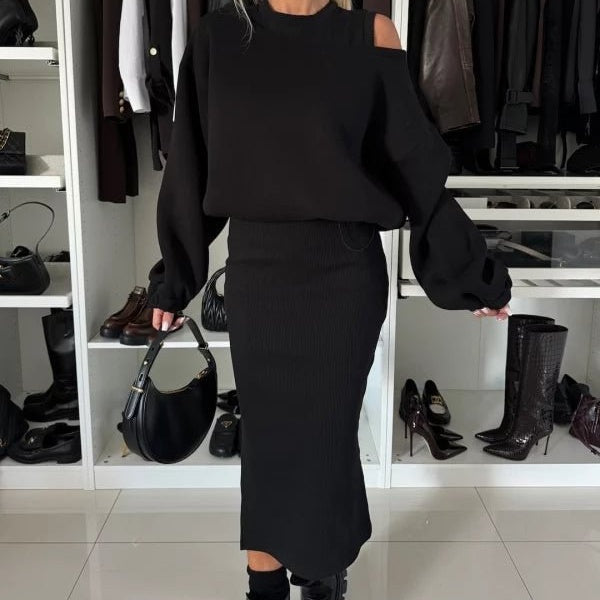 Komplet damski dzianinowy bawełniany bluza i spódnica midi casual na jesień