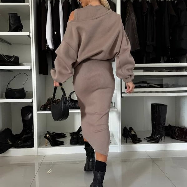 Komplet damski dzianinowy bawełniany bluza i spódnica midi casual na jesień