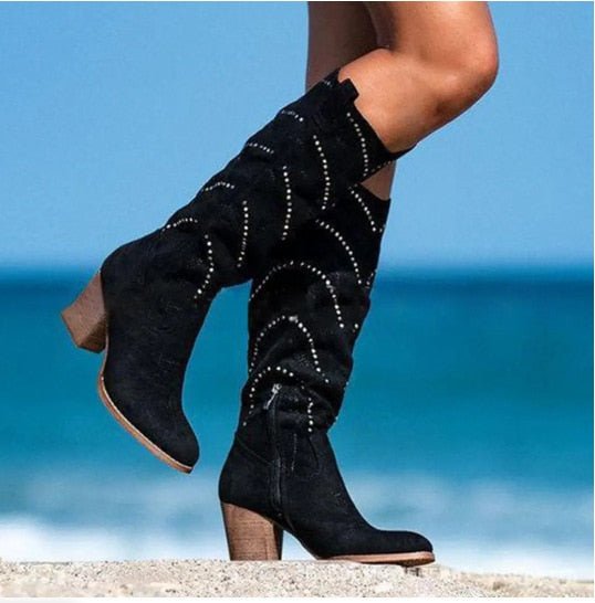 Botas de senhora em pele acima do joelho elegantes com salto casuais de primavera