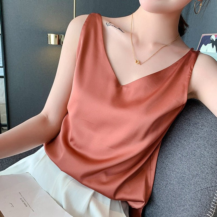 Top damski jedwabny elegancki na lato lekki podkoszulek satynowy stylowy