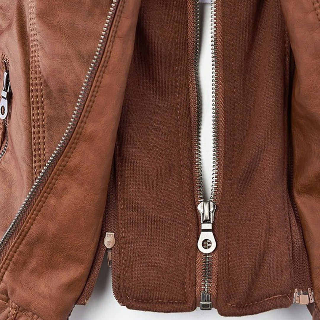 Blusão de cabedal feminino estilo motard com capuz, em pele sintética, de meia-estação para o outono