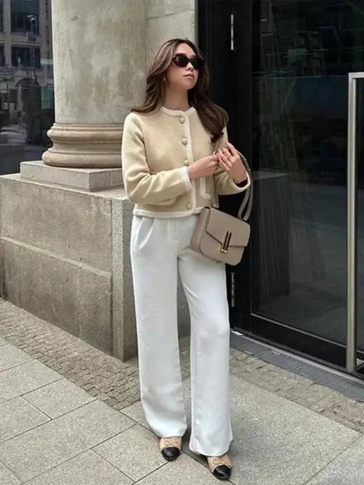 Marynarka tweedowa damska na jesień z dzianiny o krótkim kroju i eleganckim fasonie