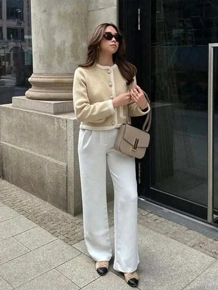 Marynarka tweedowa damska na jesień z dzianiny o krótkim kroju i eleganckim fasonie